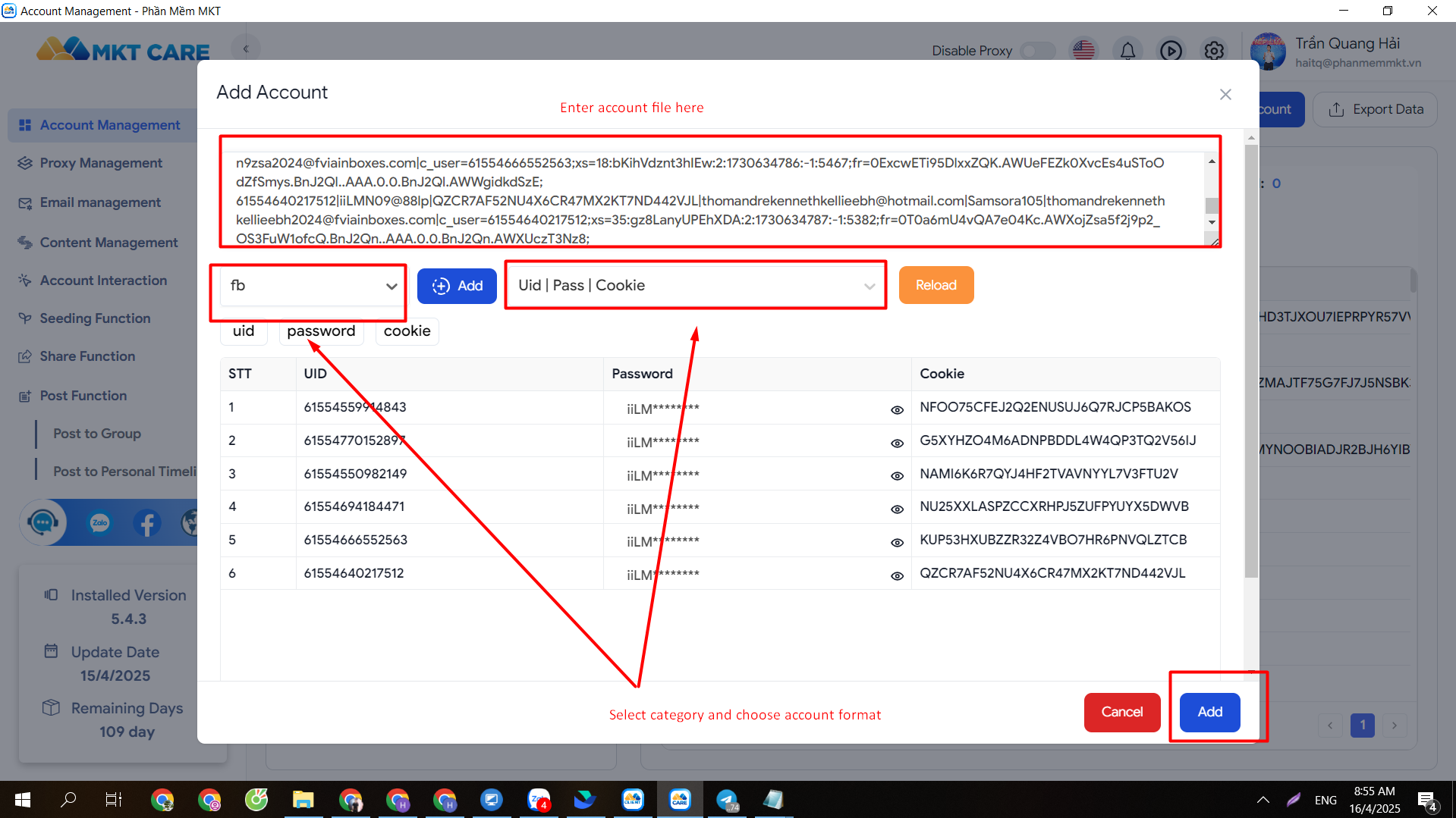 Add Facebook Accounts to MKT Care Software