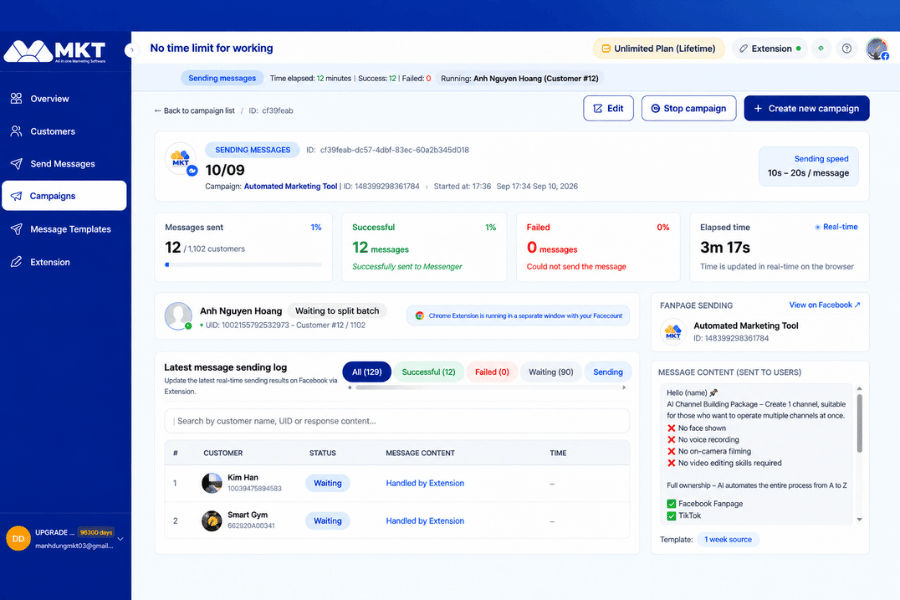 Interface of the automatic messaging feature for old customers on MKT Mess
