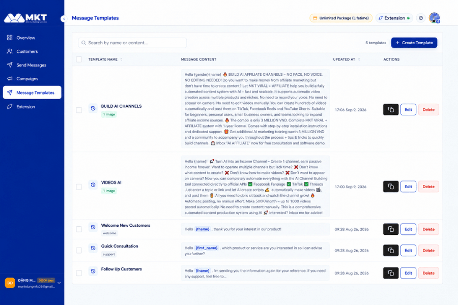 Create sales and customer care message templates on fanpages